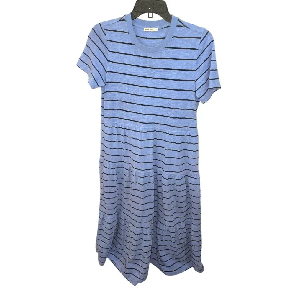 Marine Layer Sz S Sadie Slub Striped Blue Tiered Beachy Side Pockets Midi Dress